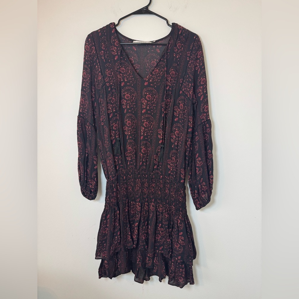 ASTR The Label Boho Mini Dress Black Red Paisley Smocked Waist M